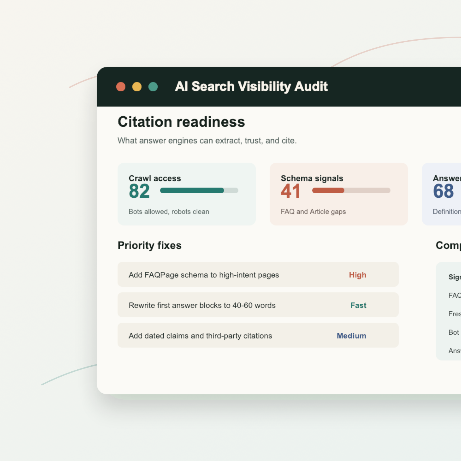Preview of an AI search visibility audit report showing citation readiness scores and priority fixes